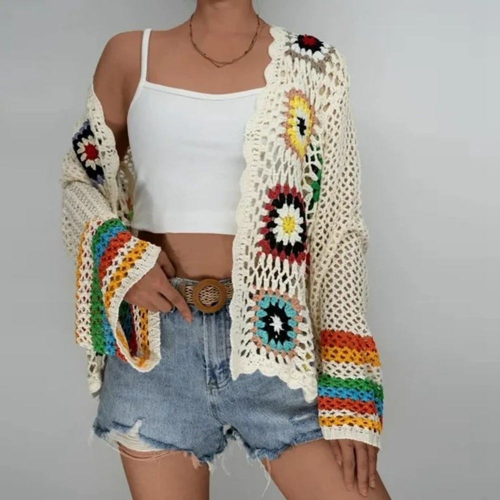 Womens Boho Granny Square Rainbow Crochet Festival Open Knit Cardigan Size S